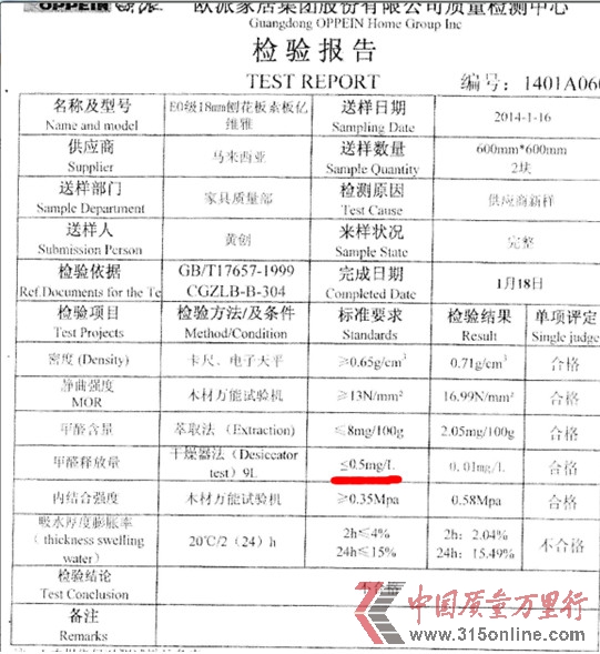 歐派提供的板材通過馬來西亞產(chǎn)品檢測(cè)的檢測(cè)結(jié)果