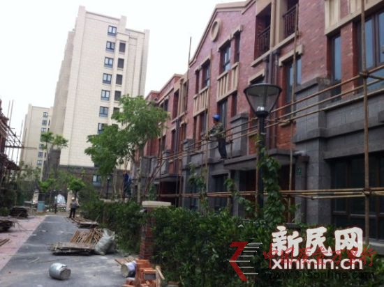 小區(qū)內(nèi)幾乎所有的別墅旁都搭著腳手架，正在全面修繕。新民網(wǎng)記者胡彥珣 現(xiàn)場(chǎng)回傳